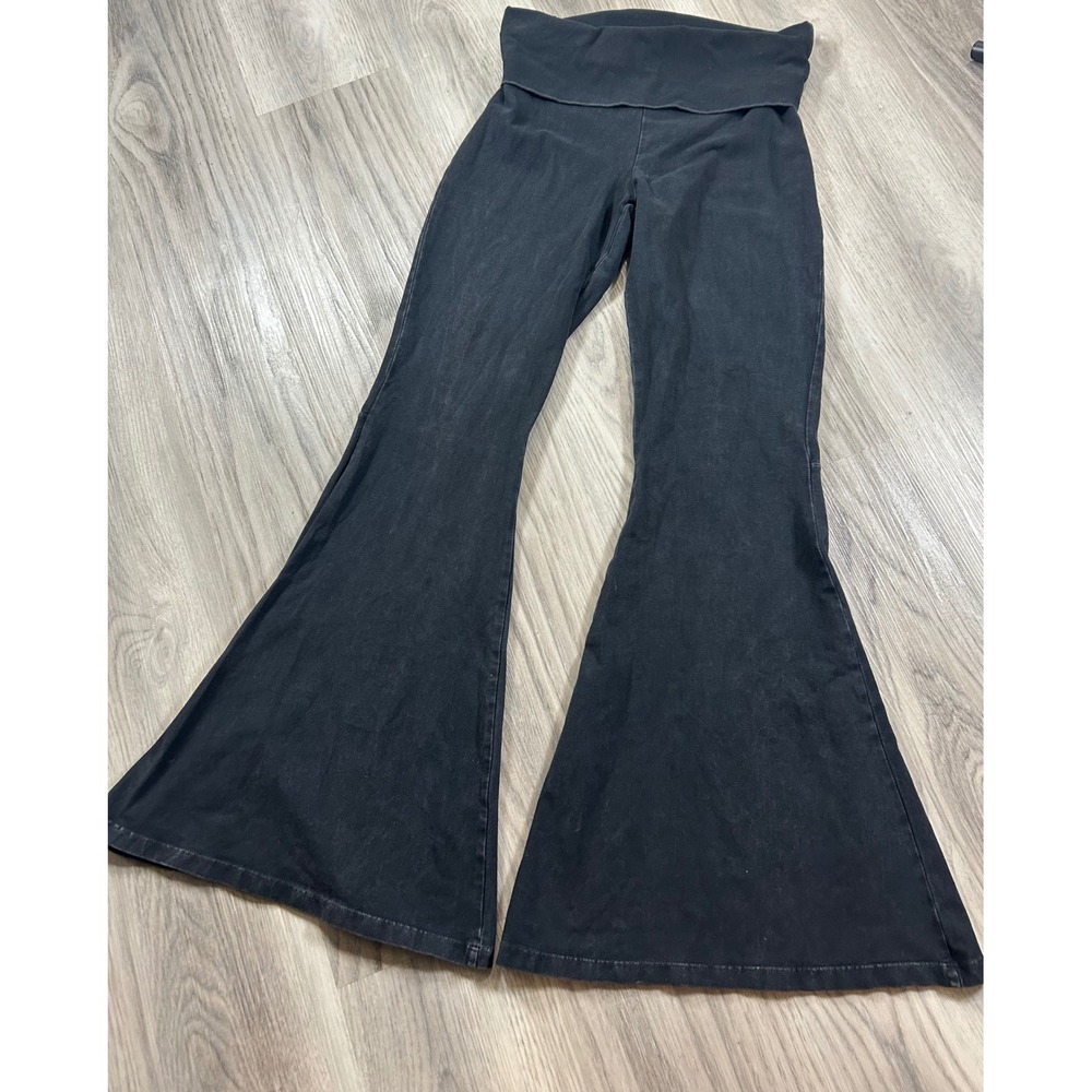 Chatoyant Womens Washed Black Fold Over High Waist Extreme Flare Bell Bottoms M